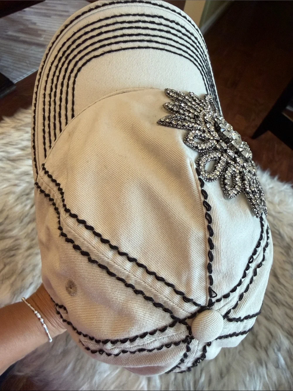 OLIVE & PIQUE Embellished Crystal Flower Baseball Cap - White